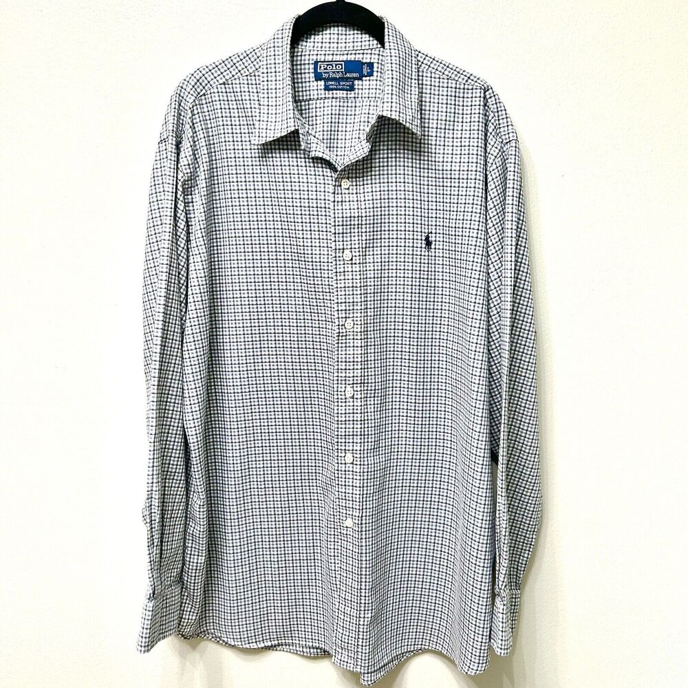 VTG Polo Ralph Lauren Shirt Men's Large White Blue Lowell Sport Plaid Button Up